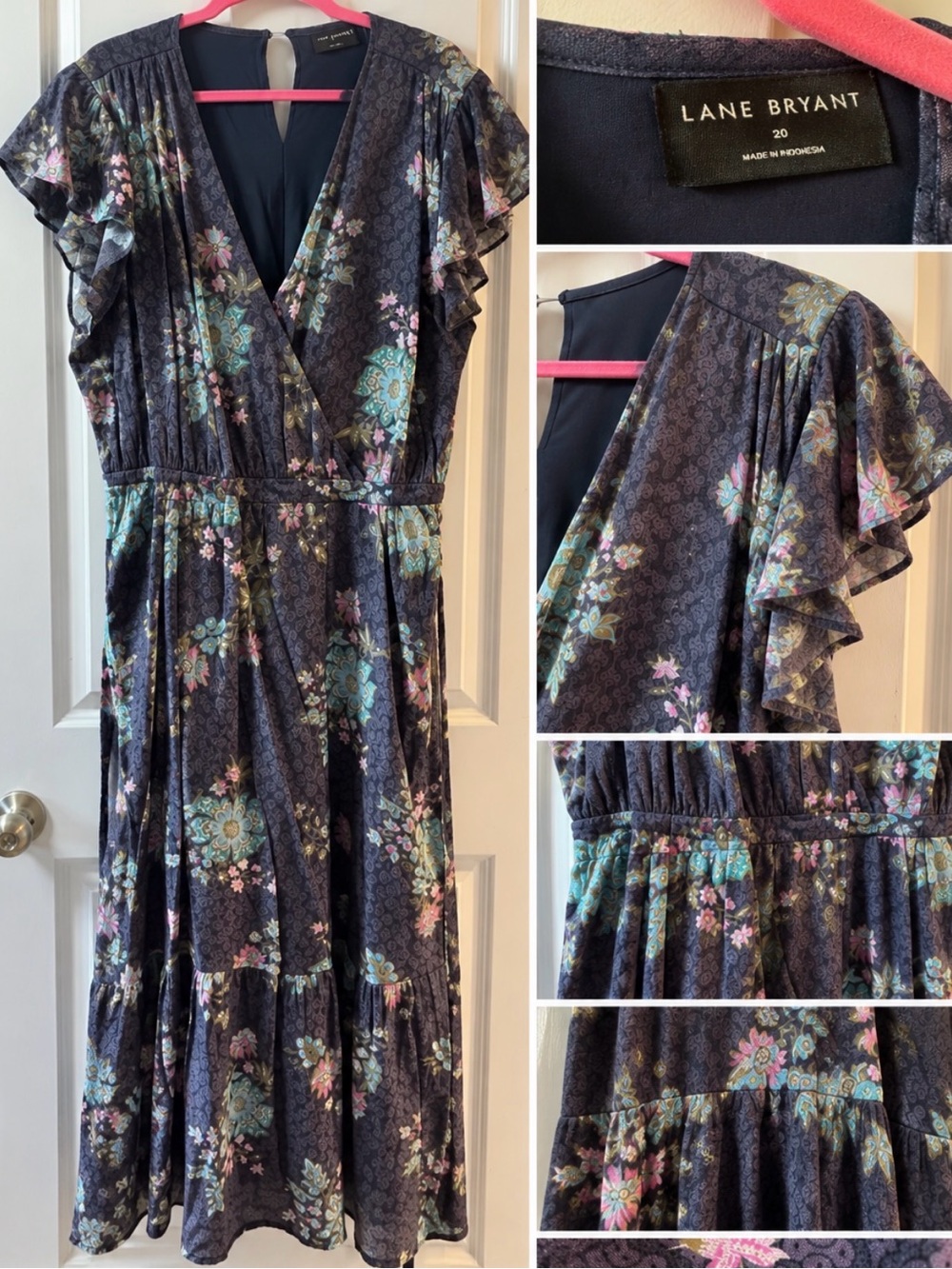 Lane Bryant Navy Floral Surplice Midi Dress
